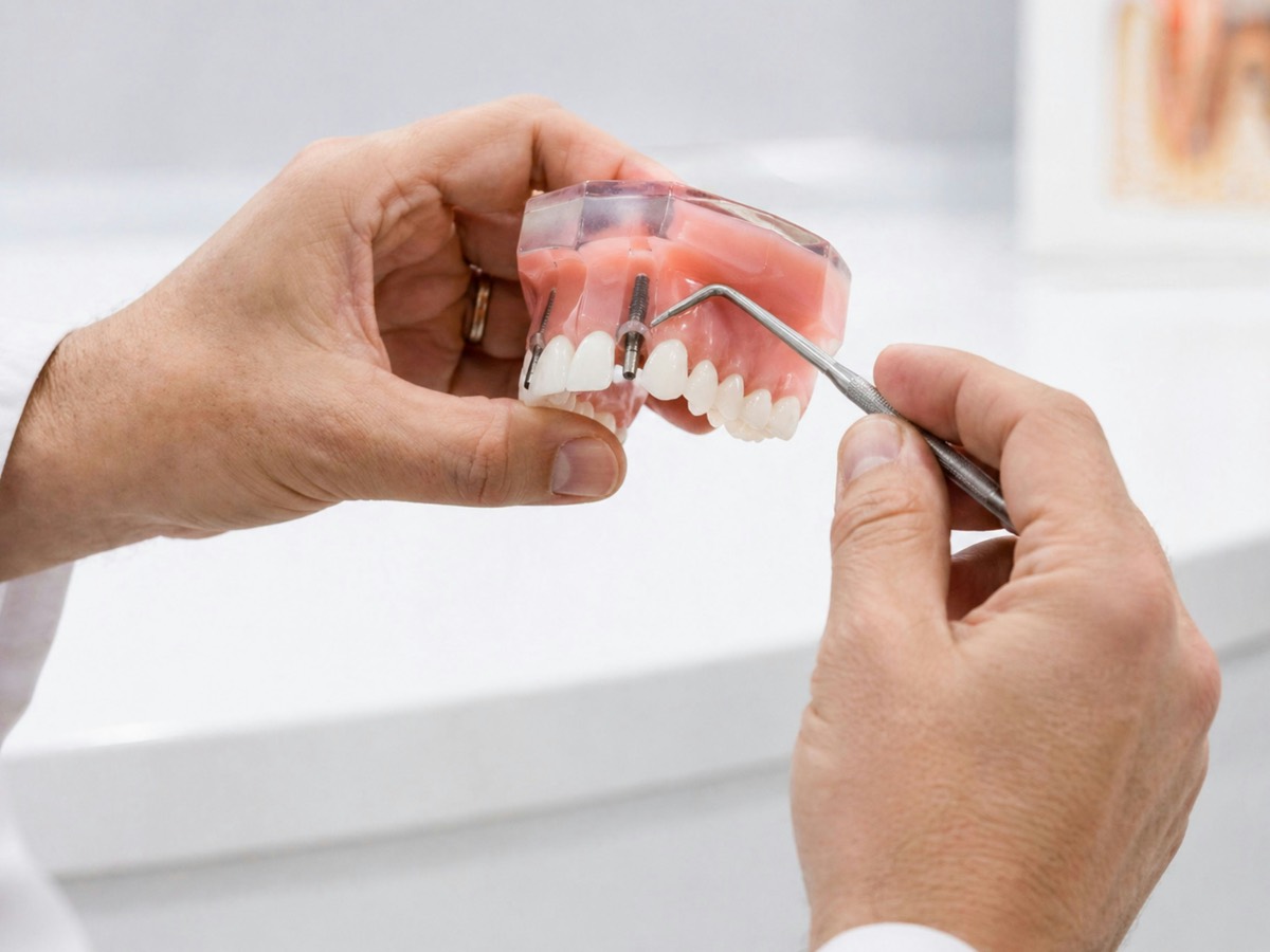 Dentist demonstrating guided dental implant placement on a jaw model